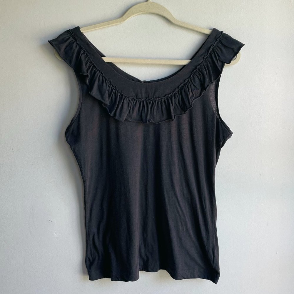 Vintage Black Ruffle Sleeveless Cotton Tank Top - Size M